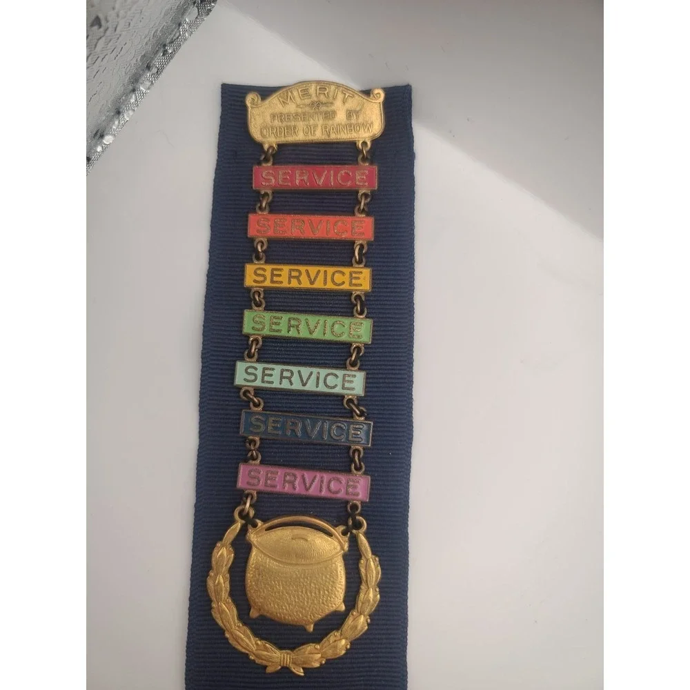 Vintage Masonic Order Rainbow Girls Merit Enamel Bar Pin Cross Color Pot Of Gold